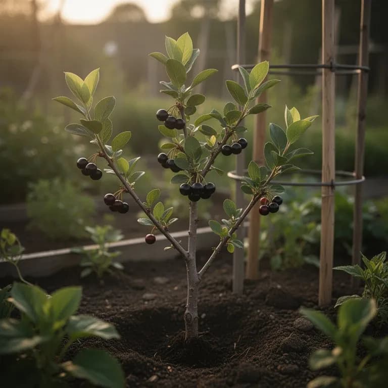 Aronia-Strauch mit leuchtendem orangerot gefärbtem Herbstlaub und Büscheln dunkler Beeren, die noch an den Ästen hängen