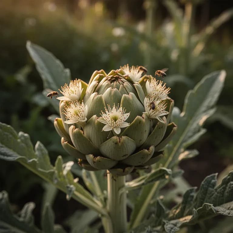 Artischocke in voller violetter Blüte, die Bienen anzieht