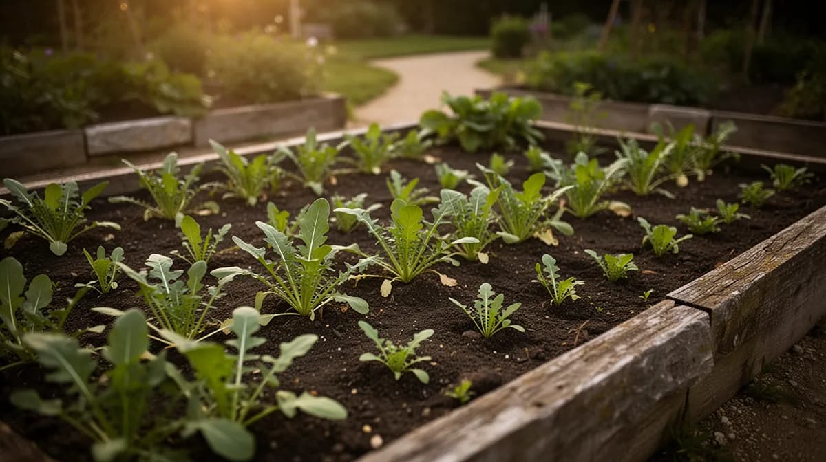 Rows of arugula growing in a raised garden bed with companion plants