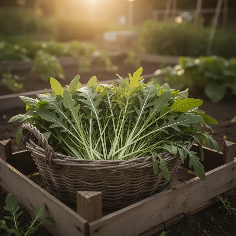 Freshly harvested arugula leaves in a colander being rinsed