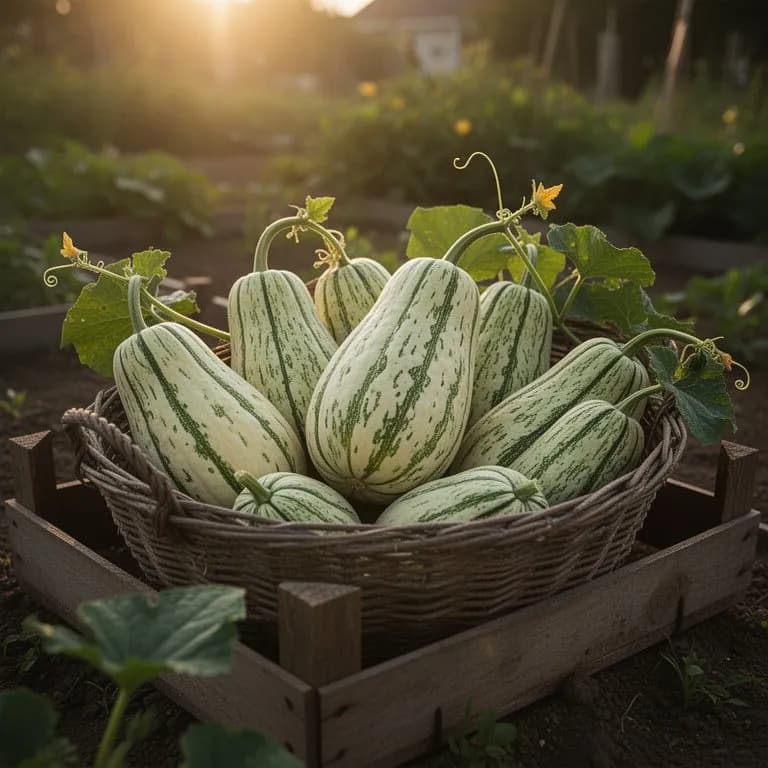 Reifer Wachskürbis mit kreidiger weißer Wachsbeschichtung auf Strohbedeckung im Garten ruhend
