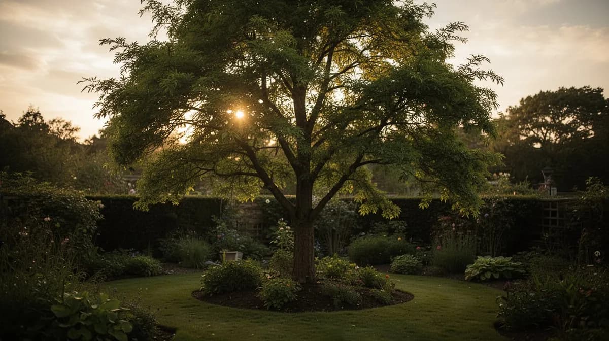 Full mature ash tree with a broad rounded canopy providing dense shade