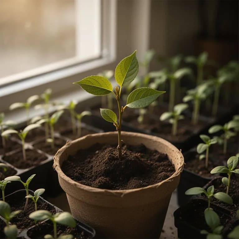 Young ash tree seedling with emerging compound leaves