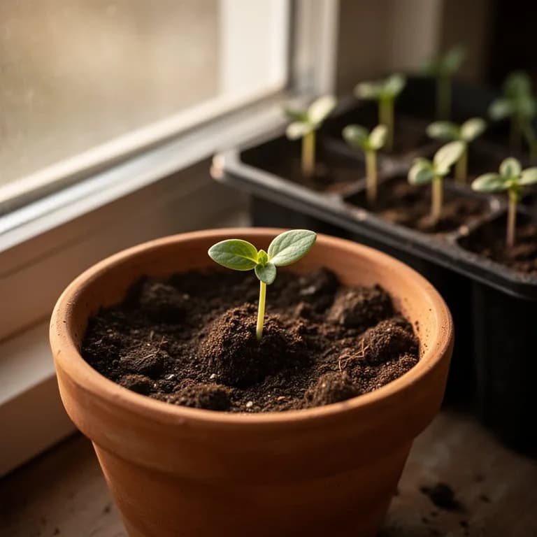 Junger Ashwagandha-Sämling mit flaum-ovalen Blättern, die aus sandigem Boden hervorragen