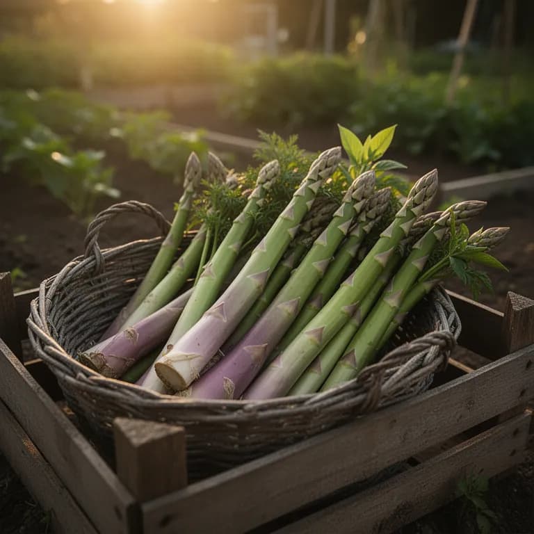 Thick asparagus spears ready for harvest at ideal height