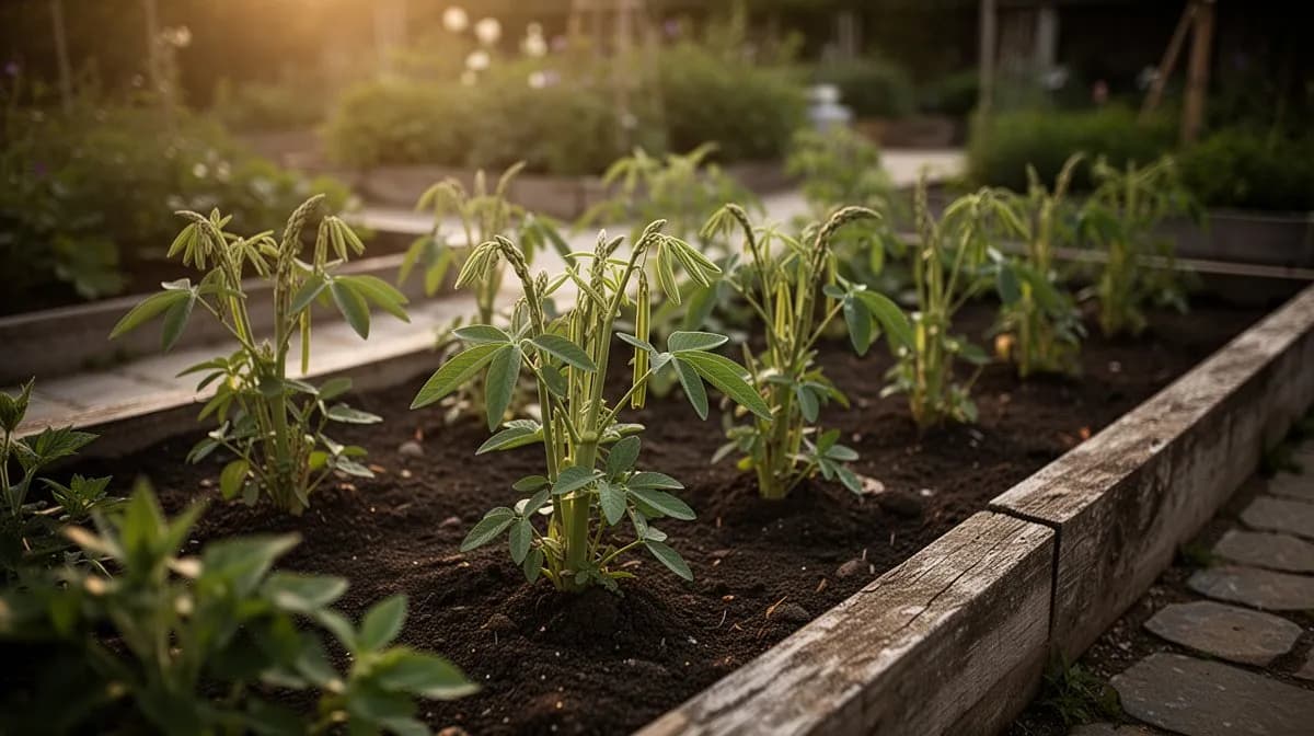 Spargelbohnenpflanzen auf einem hohen Rankgitter in einem produktiven Sommergarten