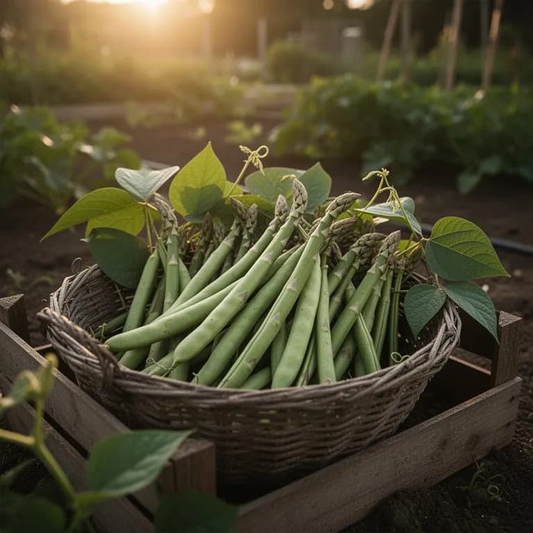 Lange, schlanke Spargelbohnenhülsen, die paarweise von der Ranke hängen