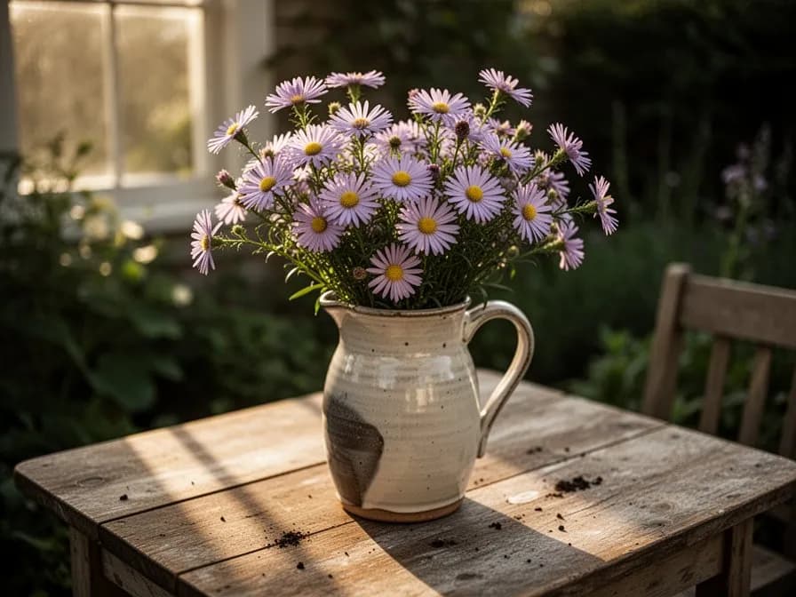 Flores secas de áster dispuestas en un ramo rústico para preparar té de hierbas