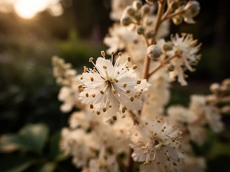 Fotografía macro de las florecillas individuales de astilbe en un plumón plumoso con diminutas flores en forma de estrella