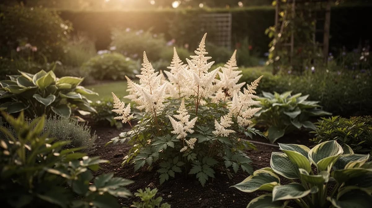Astilbe creciendo junto a hostas y helechos en un exuberante jardín sombreado de bosque