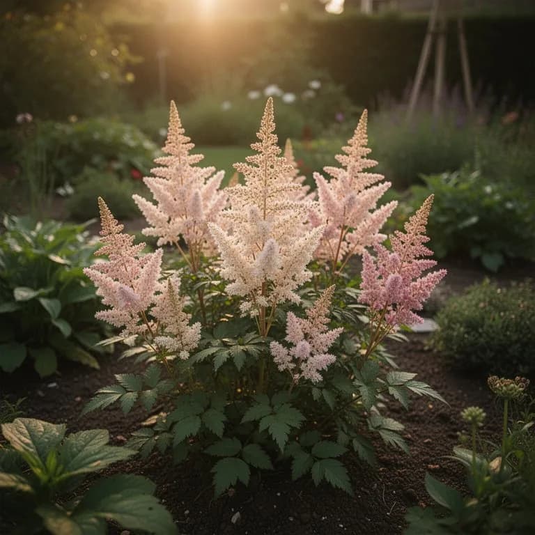 Una bordura con variedades mixtas de astilbe en tonos blanco, rosa, rojo y lavanda
