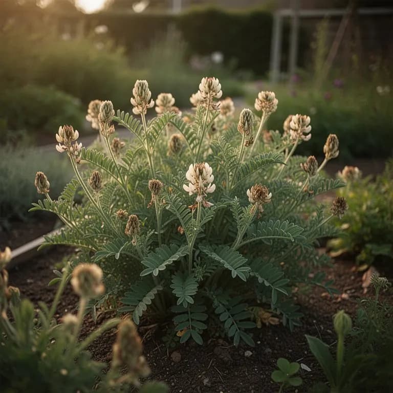 Ausgewachsene Astragaluspflanze mit gefiederten Blättern und aufrechten Stängeln in einem Gartenbeet