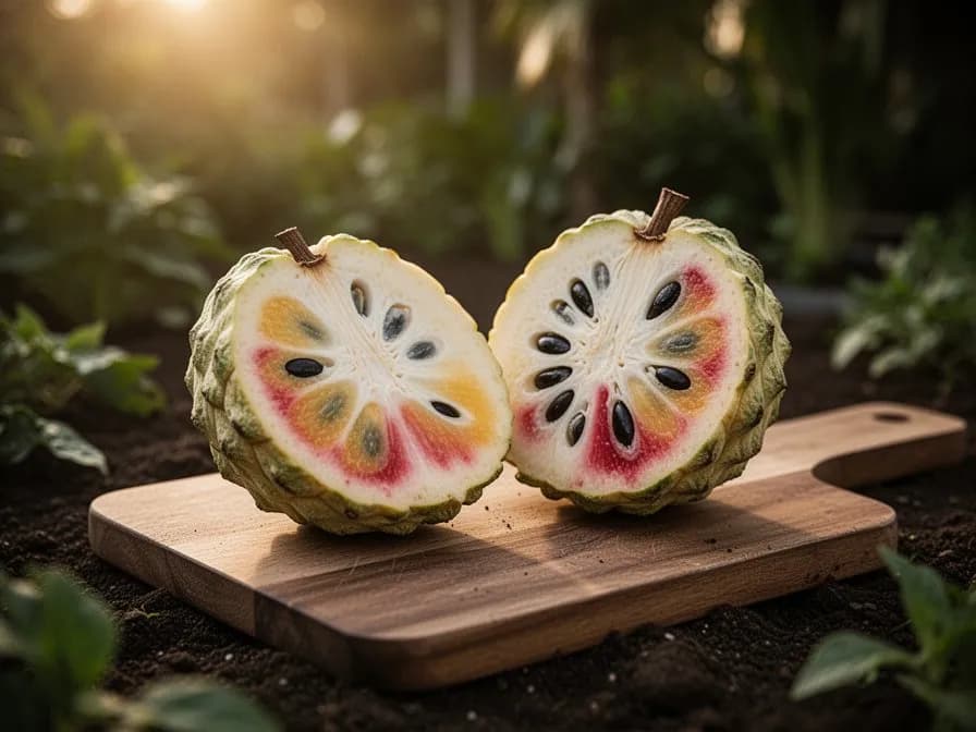 Halbierte Atemoya-Frucht, die cremig-weißes puddingartig-zartes Fruchtfleisch mit schwarzen Samen zeigt
