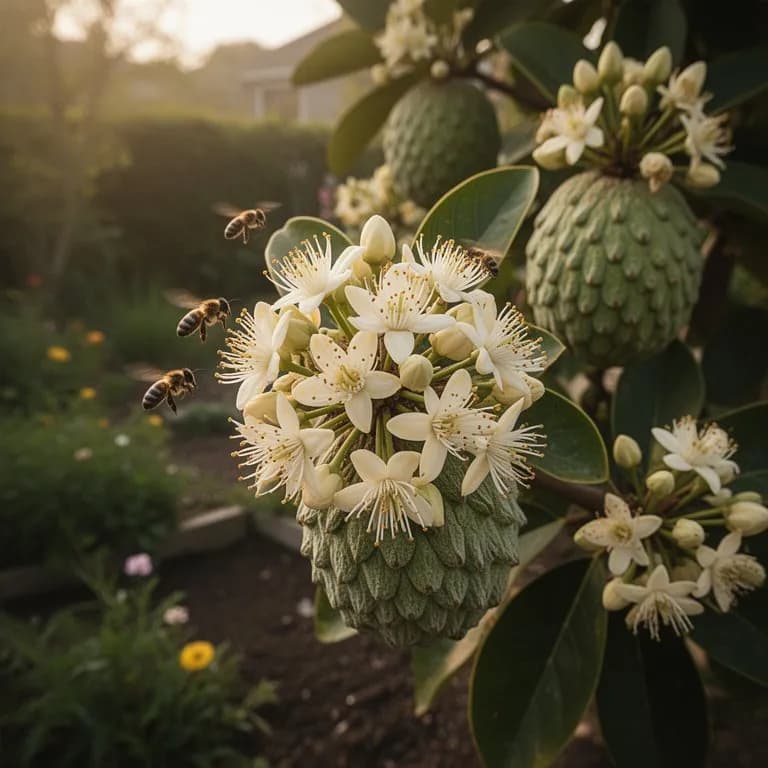 Gärtner verwendet einen kleinen Pinsel zur Handbestäubung einer Atemoya-Blüte