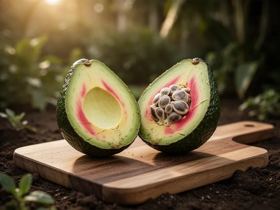Halbierte Hass-Avocado mit goldgrünem, cremigem Fruchtfleisch und großem Kern