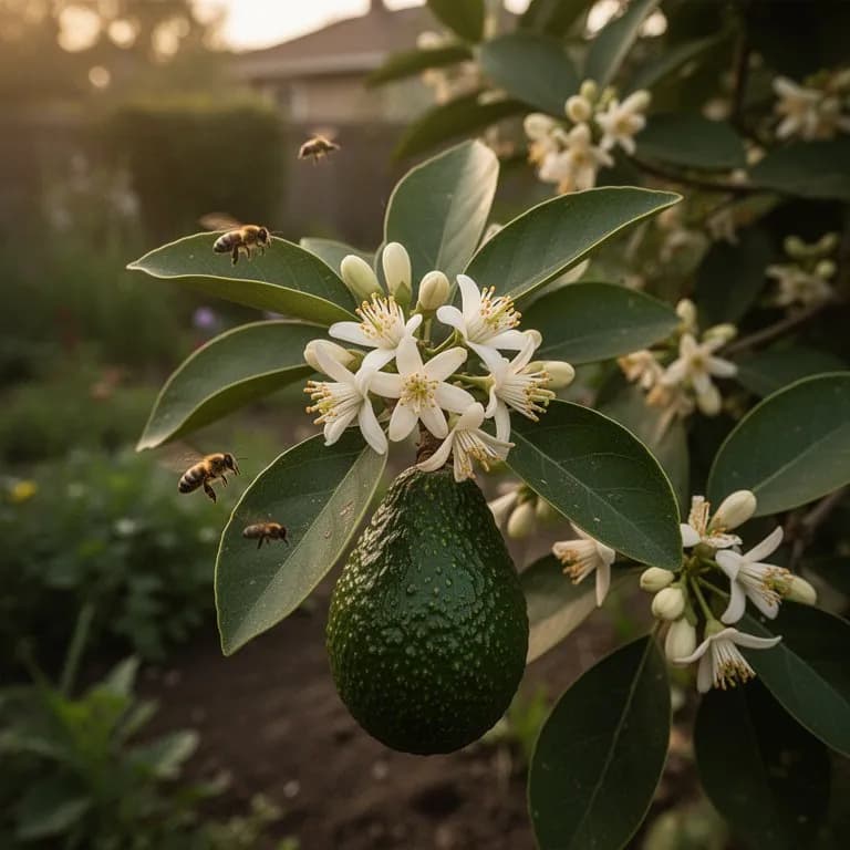 Pequeñas flores de aguacate de color crema amarillento agrupadas en las puntas de las ramas en primavera