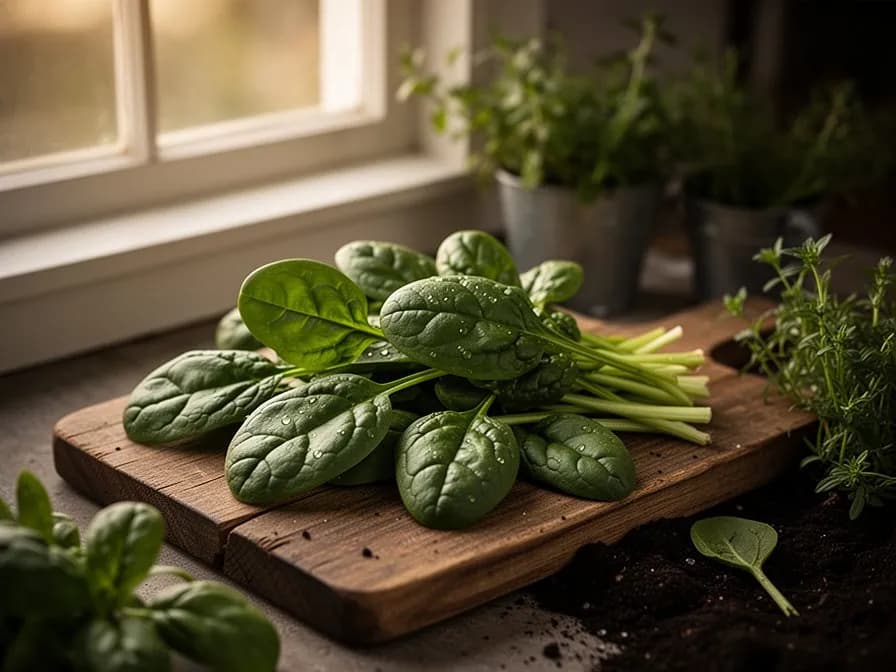 Freshly washed baby spinach leaves glistening in a stainless steel colander