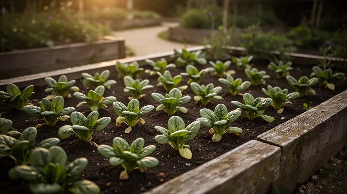 Dense rows of baby spinach growing in a raised garden bed