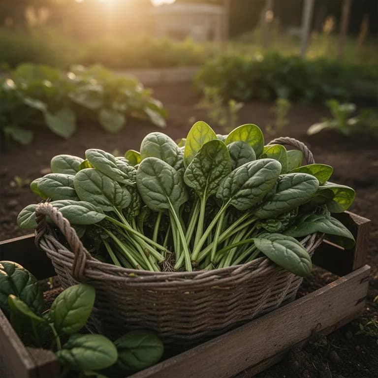 Hands gently picking tender baby spinach leaves from a garden row