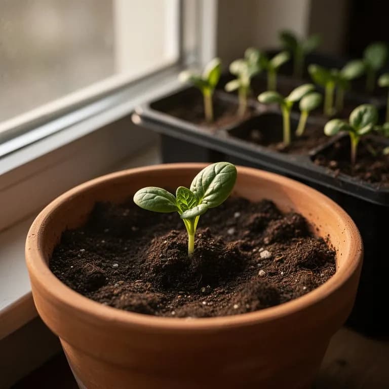 Tiny baby spinach seedlings with bright green cotyledon leaves emerging from dark soil
