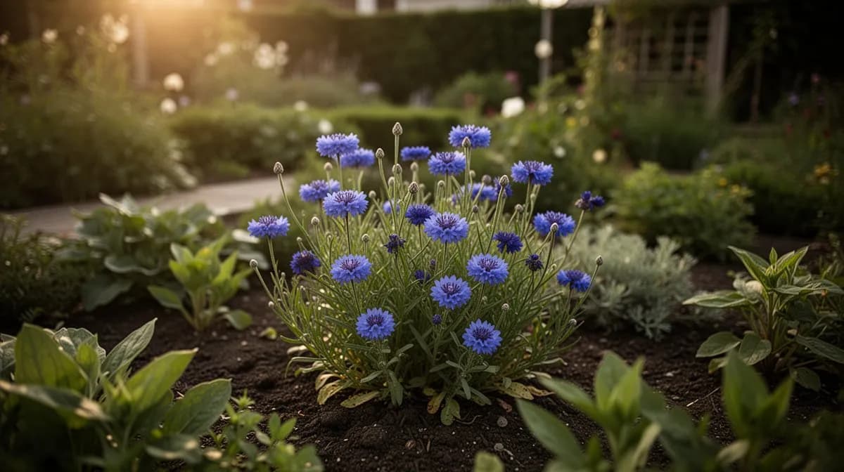 Blaue Kornblumen, die neben Kalifornischem Mohn und rotem Mohn auf einer Wildblumenwiese wachsen