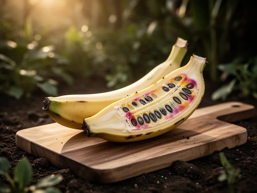 Frisch geschälte Bananen und Bananenbrot auf einem Holzbrett
