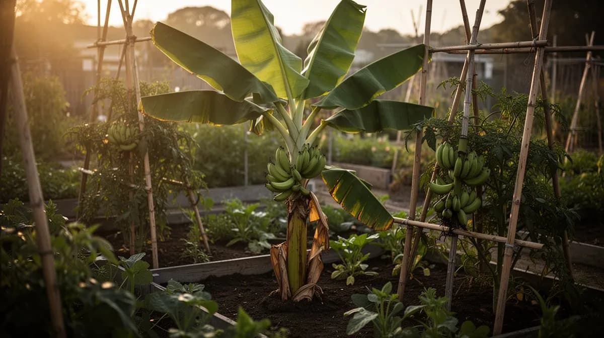 Bananenpflanze mit großen grünen paddelförmigen Blättern