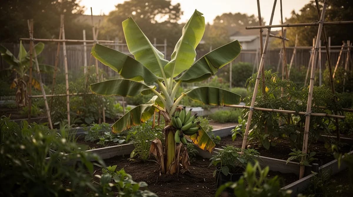 Planta de banano enano creciendo en un gran contenedor en una terraza