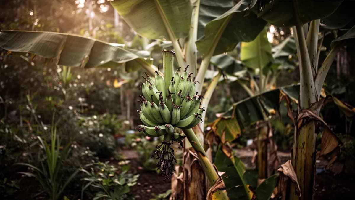 Planta de banano enano con grandes hojas tropicales en un jardín soleado