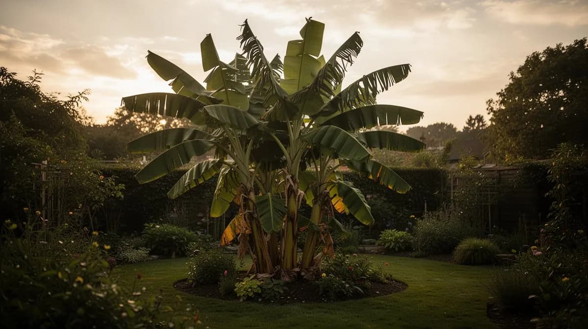 Pequeña plantación de bananos con múltiples plantas en diferentes etapas de crecimiento y generaciones de hijuelos