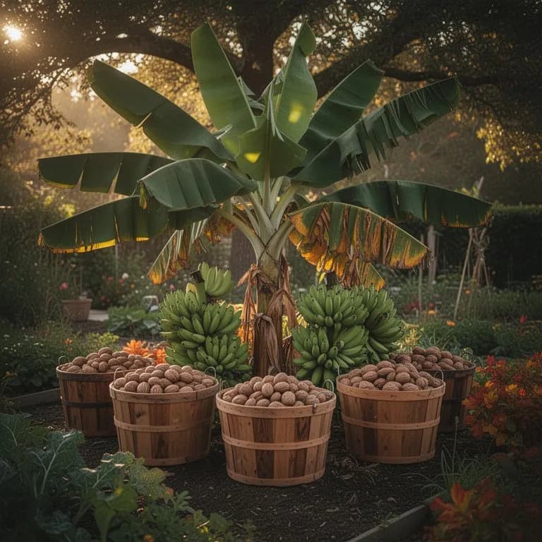 Manos de banano verdes llenándose en un racimo maduro todavía unido a la planta