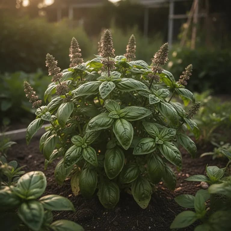 Üppige ausgewachsene Genovese-Basilikumpflanze mit dichtem Blattwerk und großen aromatischen Blättern in einem sonnigen Gartenbeet