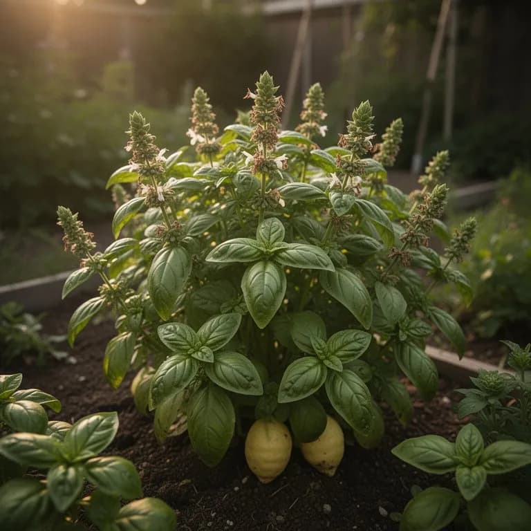 Ausgewachsener Zitronenbasilikum-Busch mit dichtem, aromatischem Laub in einem sonnigen Kräutergarten