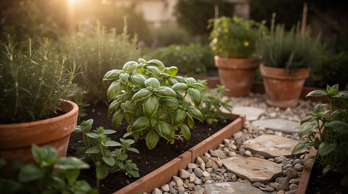 Fila de plantas de albahaca napolitana creciendo junto a tomates en un bancal soleado de estilo mediterráneo