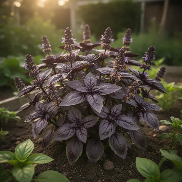 Üppige ausgewachsene Purpurbasilikaum-Pflanze mit tief gefärbten gezähnten Blättern in einem sonnigen Gartenbeet