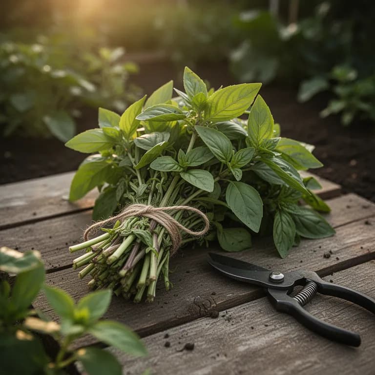 Ramillete recién cosechado de albahaca tailandesa con tallos púrpuras y hojas aromáticas verdes