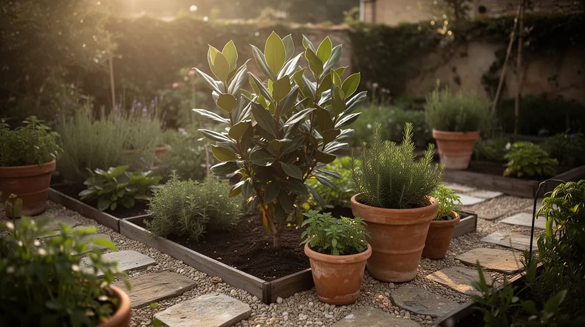Laurel creciendo en una maceta grande de cerámica en un patio soleado con porte compacto