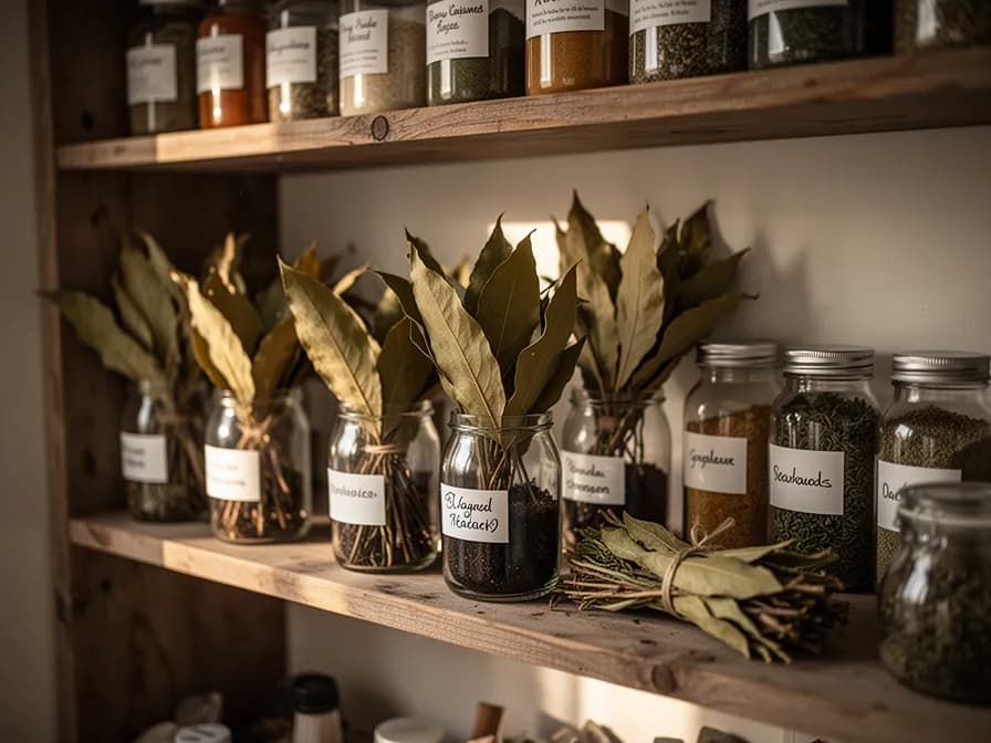 Klassisches Bouquet garni mit Küchengarn gebunden, mit Lorbeerblättern, Thymian und Petersilie