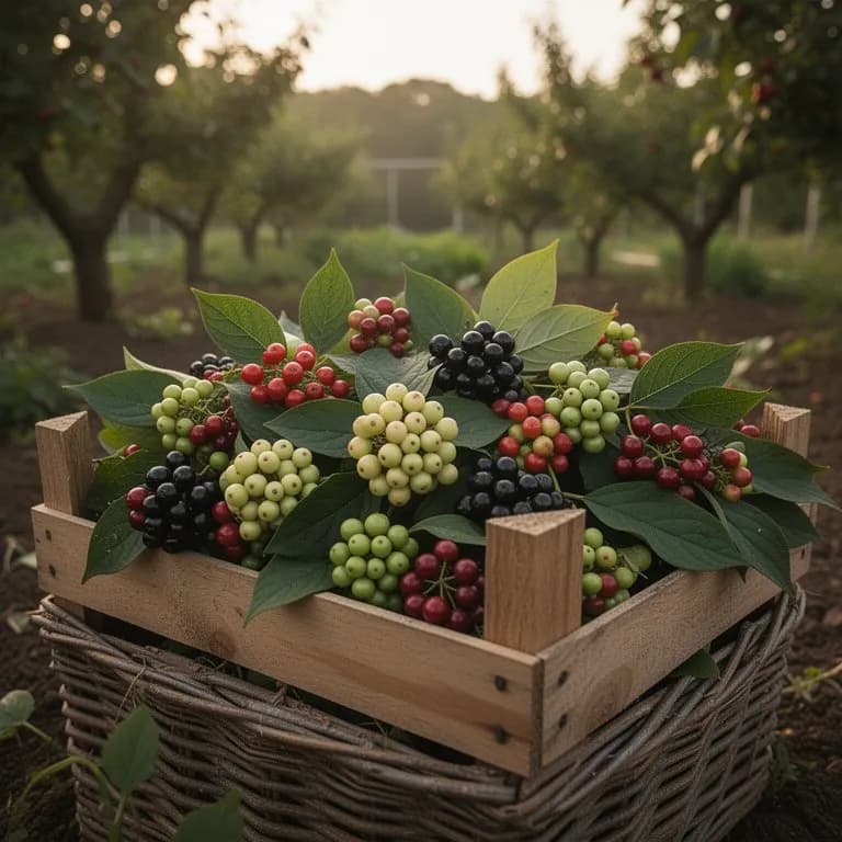 Racimo de bayas púrpura brillante de beautyberry rodeando los tallos