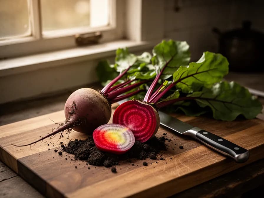 Cross-section of a Chioggia beet showing vivid alternating red and white concentric rings
