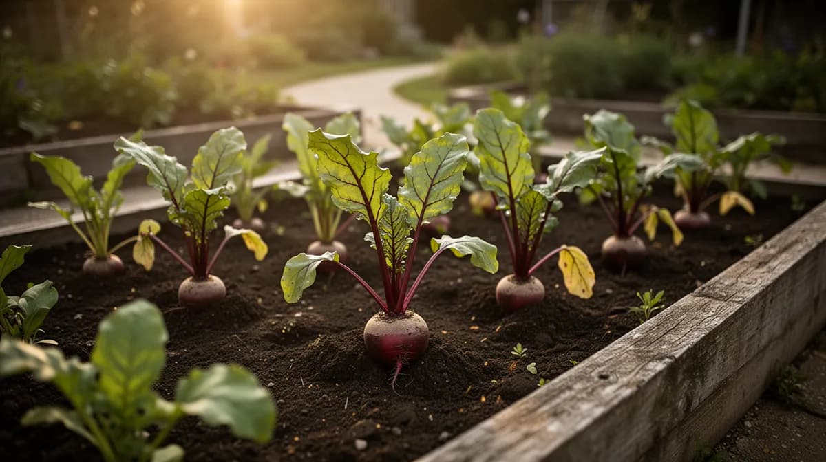 Lush Chioggia beet tops with deep green leaves and red stems in a garden bed
