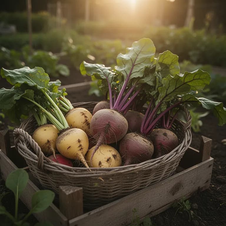 Freshly pulled Chioggia beets with soil still clinging to the roots and greens attached