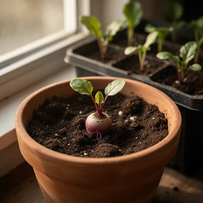 Young Chioggia beet seedlings with red-veined cotyledon leaves emerging from dark soil