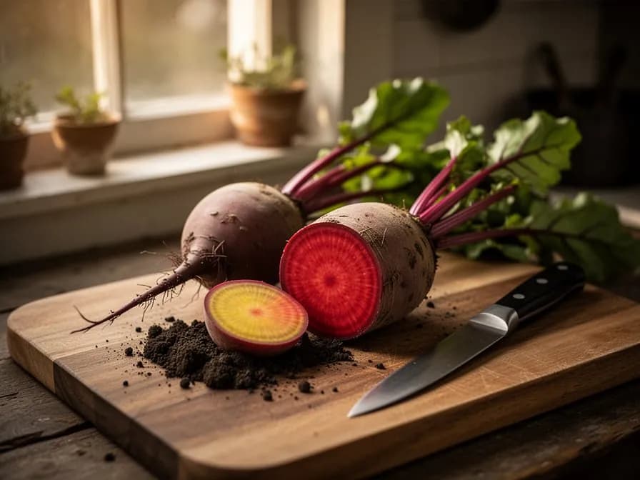 Uniformly round slices of deep crimson Cylindra beet arranged on a cutting board
