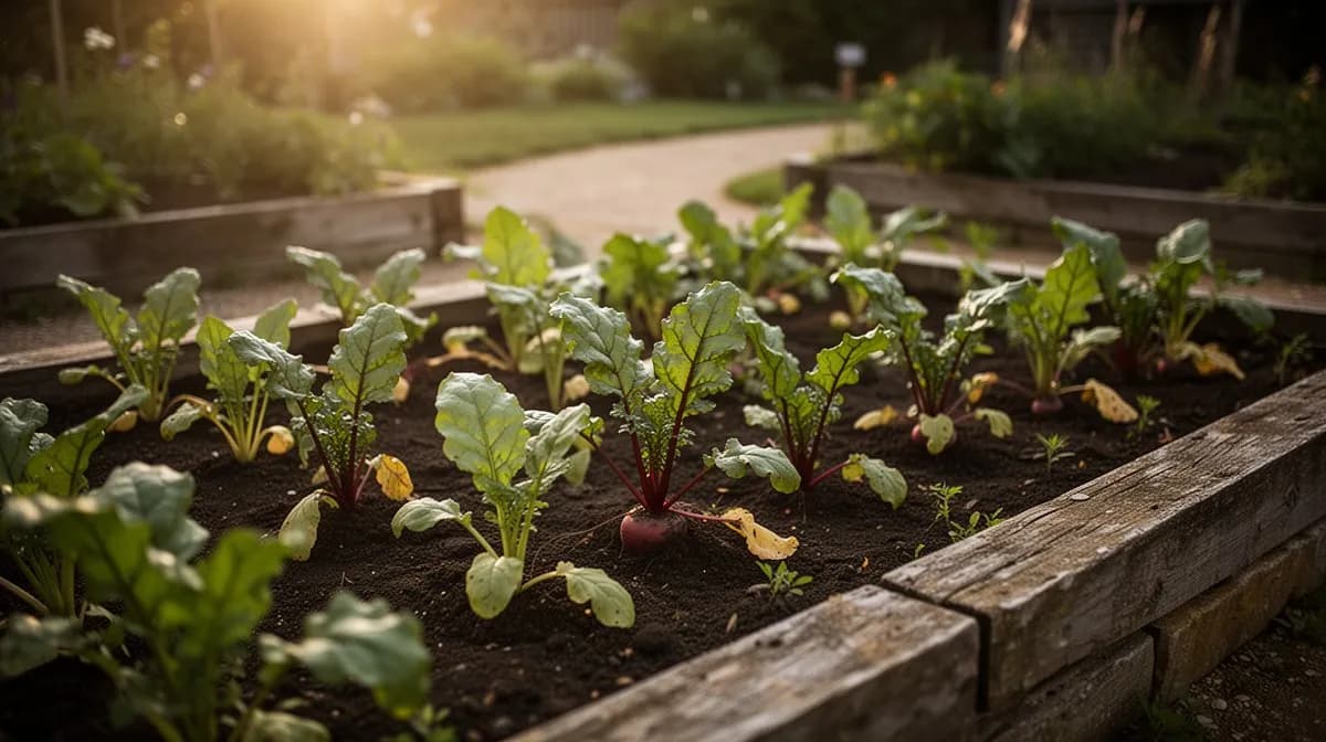Rows of Cylindra beets growing in a well-mulched raised garden bed with vibrant green and red foliage