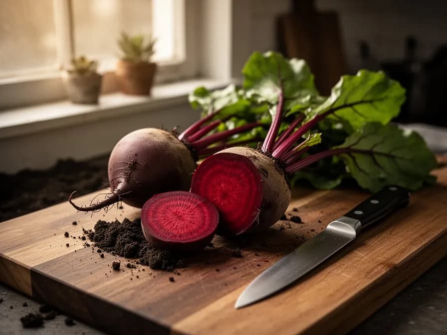 Lush dark green beet leaves with prominent deep red veins and stems