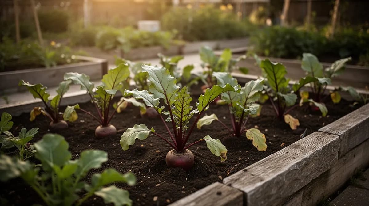 Rows of mature Detroit Dark Red beets growing in a well-maintained garden bed with visible root shoulders