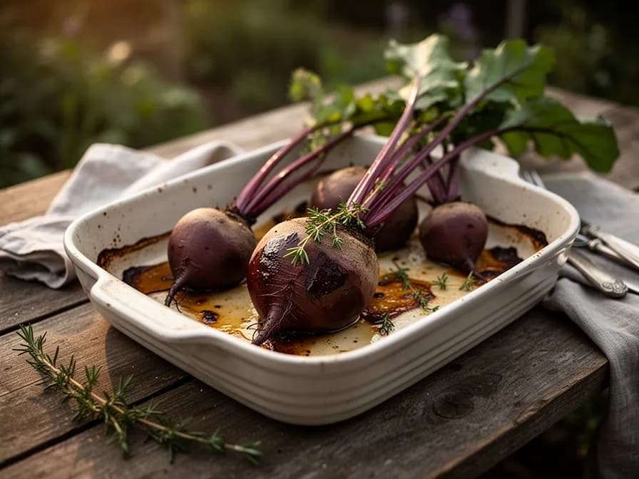 Roasted beet wedges with caramelized edges on a baking sheet