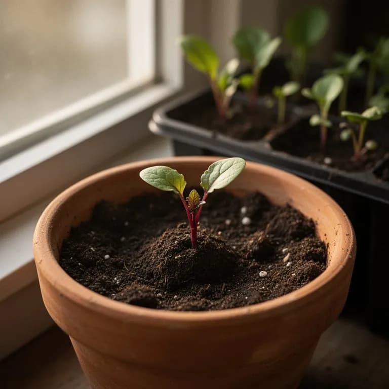 Young beet seedlings with deep red stems and green cotyledon leaves emerging from dark soil