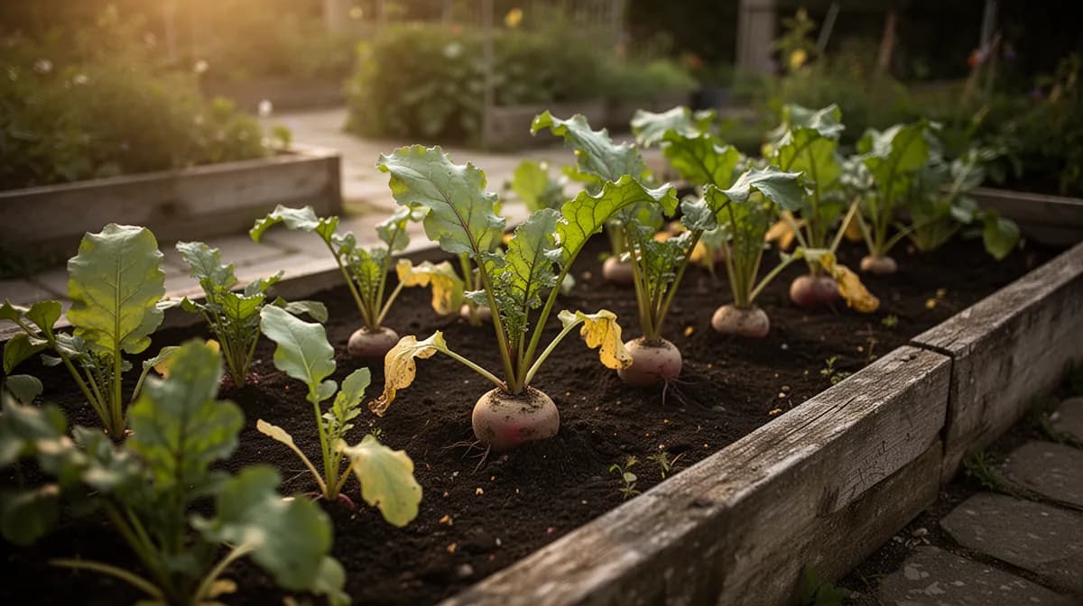 Row of golden beet plants growing in a raised garden bed with full leafy tops